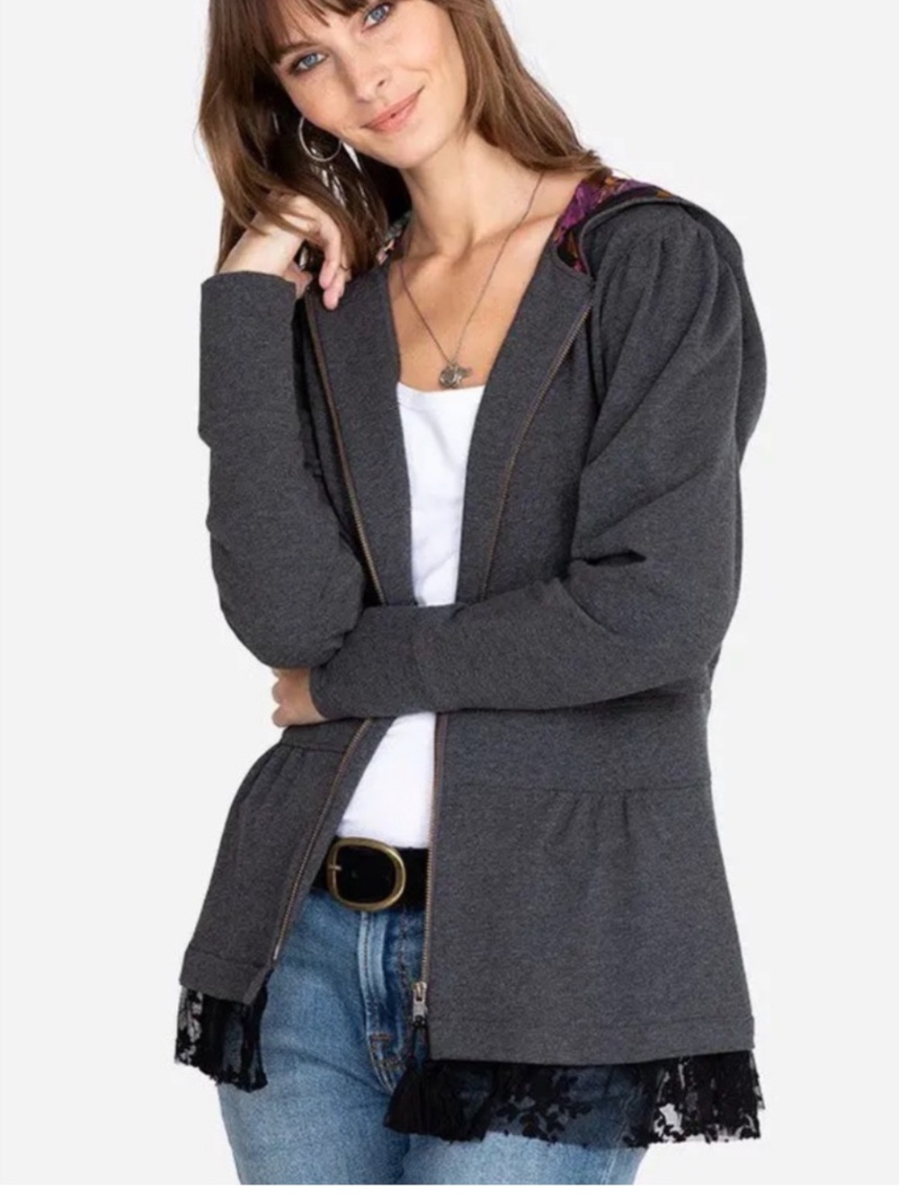 New Johnny Was Jina Peplum Charcoal Lace-Hem Zip Hoodie Sz L